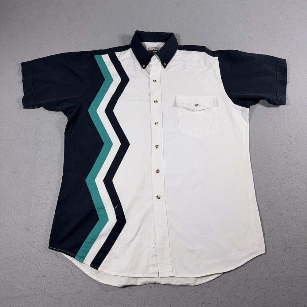Vintage Cumberland Outfitters Shirt Mens Large White‎ Navy Western Zigzag 90s
